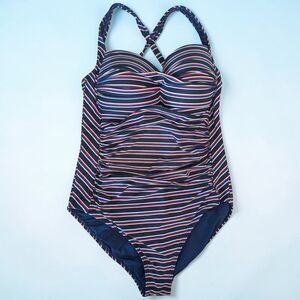 Nip Tuck Swimsuit Womens Sz US 10 Blue Red Stripe Swimwear Multi Fit Cup